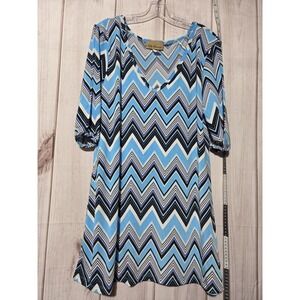Ella Samani Dress Womens 1X Blue Chevron Print Stretch 3/4 Sleeve Made USA Boho